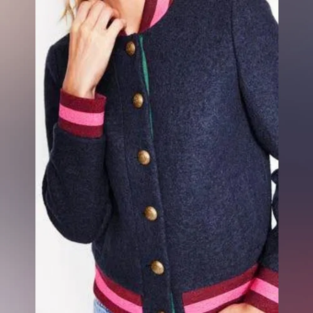Boden Navy Boiled Wool Blend Bomber Jacket Sz 16 Preppy Academia Back To School - Picture 3 of 14
